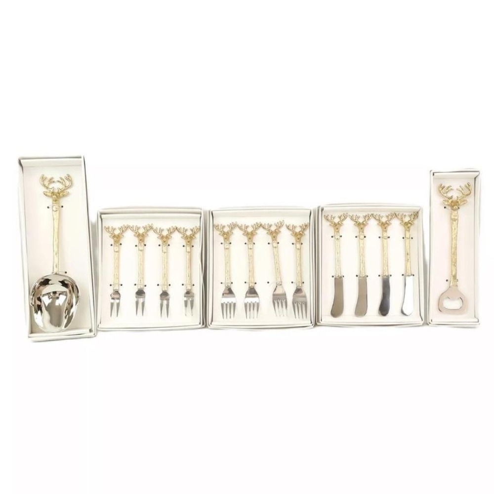 Gold Stag Antler Head Flatware Set Serving Spoon Forks Spreaders Bottle Opener